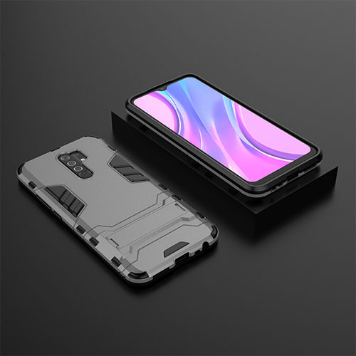 Silicone Matte Finish and Plastic Back Cover Case with Stand KC1 for Xiaomi Poco M2 Gray