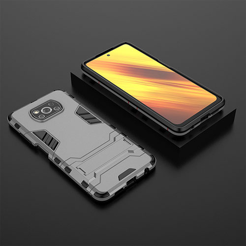 Silicone Matte Finish and Plastic Back Cover Case with Stand KC1 for Xiaomi Poco X3 NFC Gray