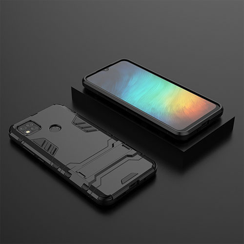 Silicone Matte Finish and Plastic Back Cover Case with Stand KC1 for Xiaomi Redmi 9 India Black