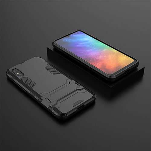 Silicone Matte Finish and Plastic Back Cover Case with Stand KC1 for Xiaomi Redmi 9A Black