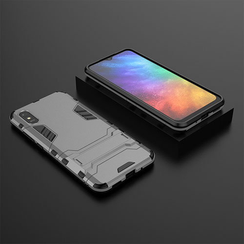 Silicone Matte Finish and Plastic Back Cover Case with Stand KC1 for Xiaomi Redmi 9AT Gray