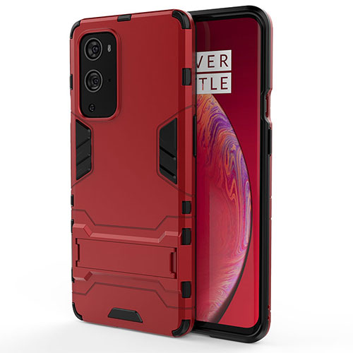 Silicone Matte Finish and Plastic Back Cover Case with Stand KC2 for OnePlus 9 Pro 5G Red