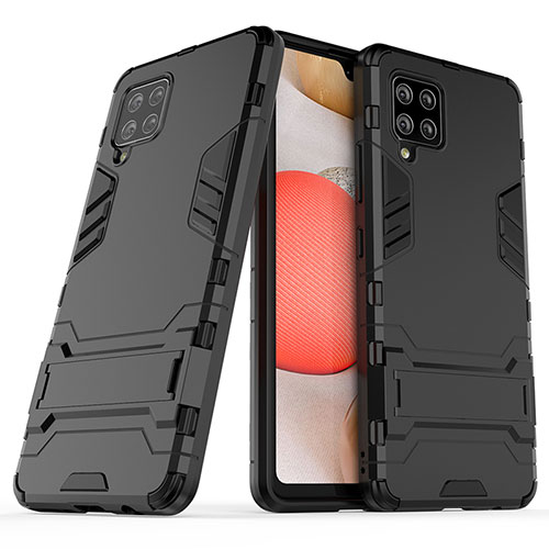 Silicone Matte Finish and Plastic Back Cover Case with Stand KC2 for Samsung Galaxy A42 5G Black