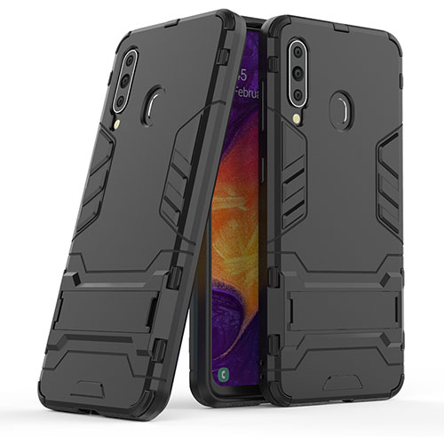 Silicone Matte Finish and Plastic Back Cover Case with Stand KC2 for Samsung Galaxy M40 Black