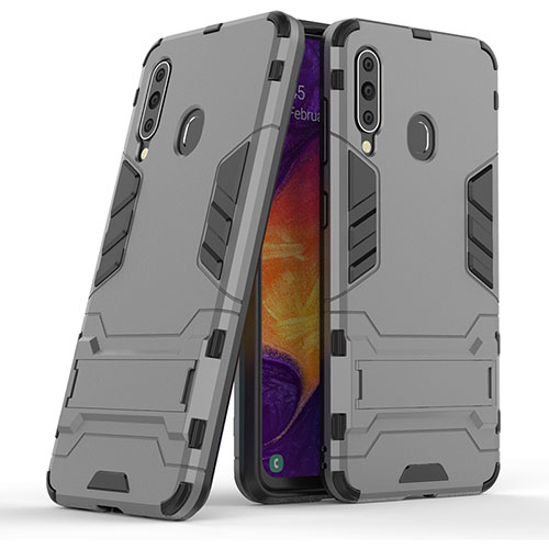 Silicone Matte Finish and Plastic Back Cover Case with Stand KC2 for Samsung Galaxy M40 Gray