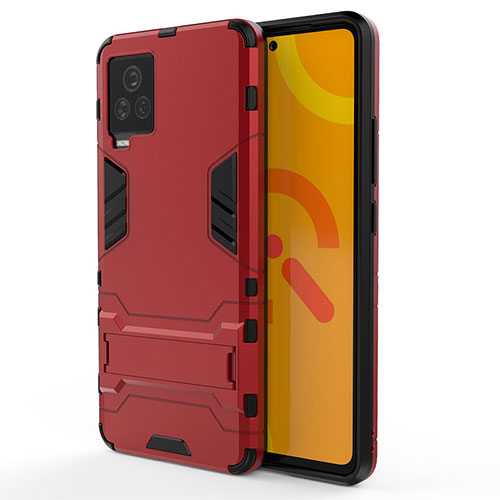 Silicone Matte Finish and Plastic Back Cover Case with Stand KC2 for Vivo iQOO 7 5G Red