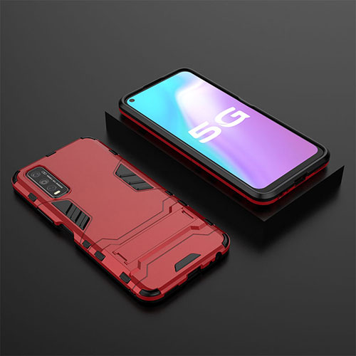 Silicone Matte Finish and Plastic Back Cover Case with Stand KC2 for Vivo iQOO U1 Red