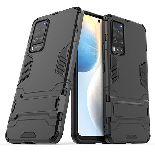 Silicone Matte Finish and Plastic Back Cover Case with Stand KC2 for Vivo X60 Pro 5G Black