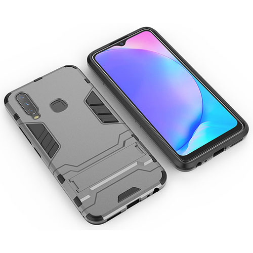 Silicone Matte Finish and Plastic Back Cover Case with Stand KC2 for Vivo Y12 Gray