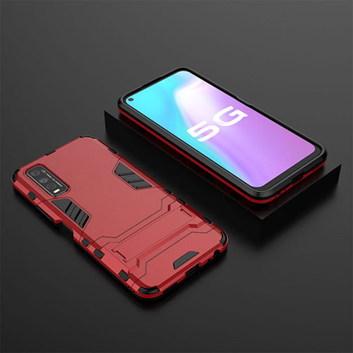 Silicone Matte Finish and Plastic Back Cover Case with Stand KC2 for Vivo Y70S 5G Red