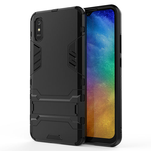 Silicone Matte Finish and Plastic Back Cover Case with Stand KC2 for Xiaomi Redmi 9AT Black