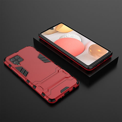 Silicone Matte Finish and Plastic Back Cover Case with Stand KC3 for Samsung Galaxy A42 5G Red