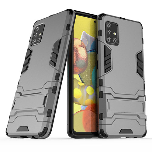 Silicone Matte Finish and Plastic Back Cover Case with Stand KC3 for Samsung Galaxy A51 4G Gray