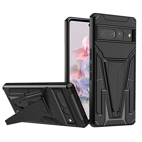 Silicone Matte Finish and Plastic Back Cover Case with Stand MQ1 for Google Pixel 7 Pro 5G Black