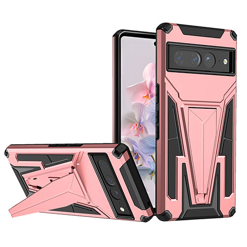 Silicone Matte Finish and Plastic Back Cover Case with Stand MQ1 for Google Pixel 7 Pro 5G Rose Gold