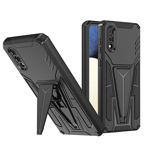 Silicone Matte Finish and Plastic Back Cover Case with Stand MQ1 for Samsung Galaxy A02 Black