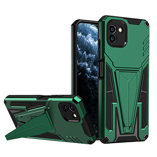 Silicone Matte Finish and Plastic Back Cover Case with Stand MQ1 for Samsung Galaxy A03 Green