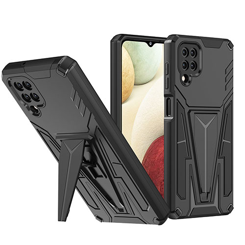 Silicone Matte Finish and Plastic Back Cover Case with Stand MQ1 for Samsung Galaxy A12 Black