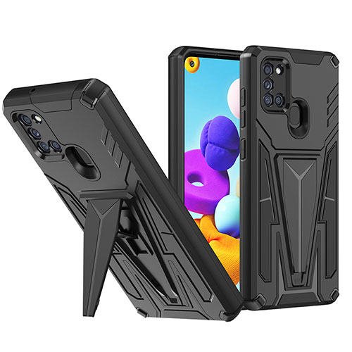Silicone Matte Finish and Plastic Back Cover Case with Stand MQ1 for Samsung Galaxy A21 Black