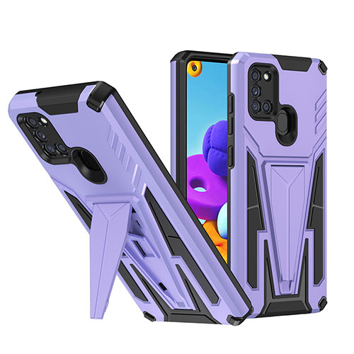Silicone Matte Finish and Plastic Back Cover Case with Stand MQ1 for Samsung Galaxy A21s Purple