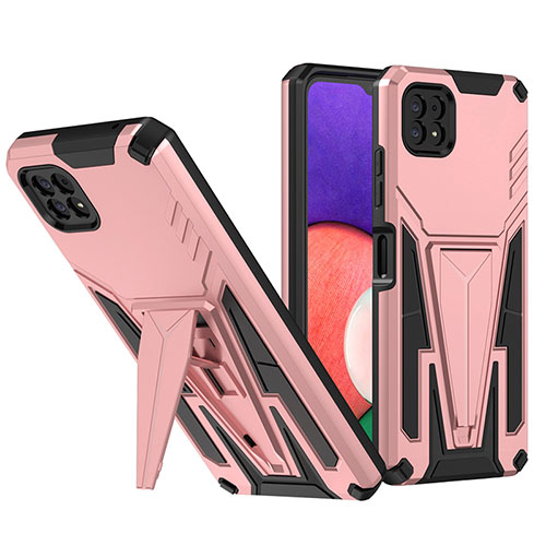 Silicone Matte Finish and Plastic Back Cover Case with Stand MQ1 for Samsung Galaxy A22 5G Rose Gold