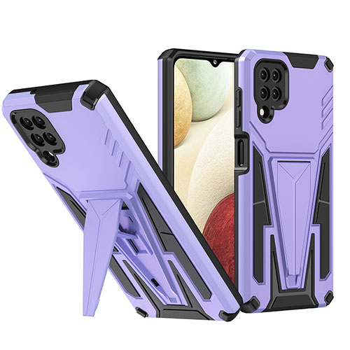 Silicone Matte Finish and Plastic Back Cover Case with Stand MQ1 for Samsung Galaxy M12 Purple