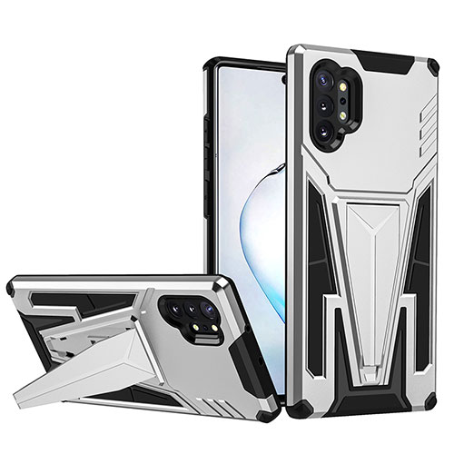 Silicone Matte Finish and Plastic Back Cover Case with Stand MQ1 for Samsung Galaxy Note 10 Plus 5G Silver