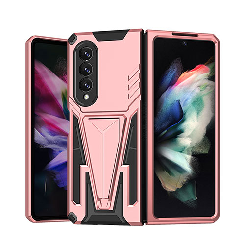 Silicone Matte Finish and Plastic Back Cover Case with Stand MQ1 for Samsung Galaxy Z Fold3 5G Rose Gold