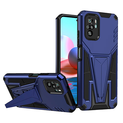 Silicone Matte Finish and Plastic Back Cover Case with Stand MQ1 for Xiaomi Poco M5S Blue