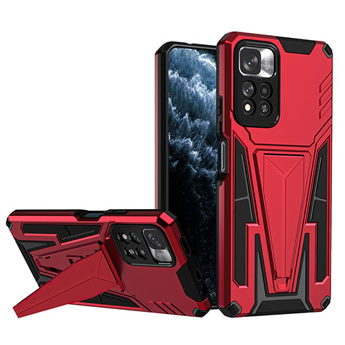 Silicone Matte Finish and Plastic Back Cover Case with Stand MQ1 for Xiaomi Poco X4 NFC Red