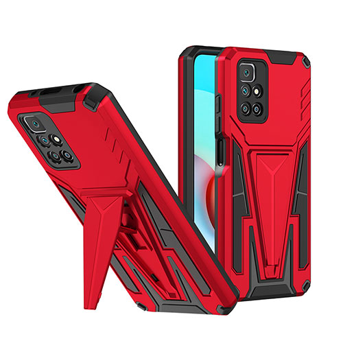 Silicone Matte Finish and Plastic Back Cover Case with Stand MQ1 for Xiaomi Redmi 10 (2022) Red