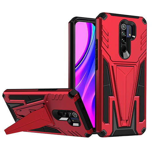 Silicone Matte Finish and Plastic Back Cover Case with Stand MQ1 for Xiaomi Redmi 9 Prime India Red