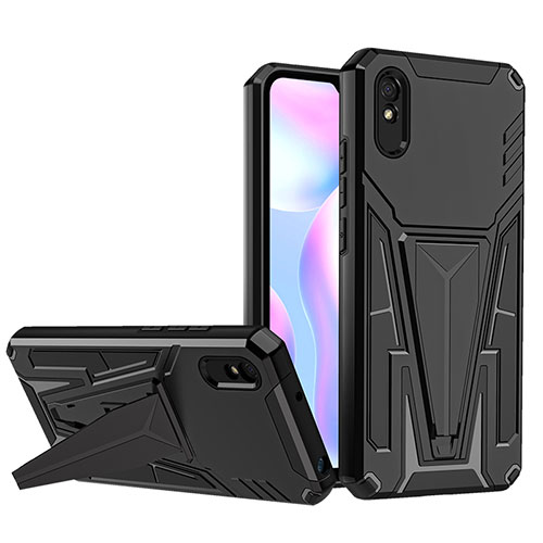 Silicone Matte Finish and Plastic Back Cover Case with Stand MQ1 for Xiaomi Redmi 9i Black