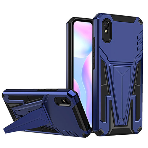 Silicone Matte Finish and Plastic Back Cover Case with Stand MQ1 for Xiaomi Redmi 9i Blue