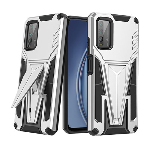 Silicone Matte Finish and Plastic Back Cover Case with Stand MQ1 for Xiaomi Redmi 9T 4G Silver