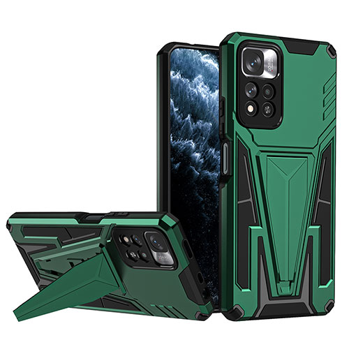 Silicone Matte Finish and Plastic Back Cover Case with Stand MQ1 for Xiaomi Redmi Note 11 Pro+ Plus 5G Green