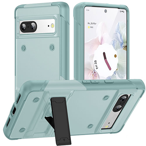 Silicone Matte Finish and Plastic Back Cover Case with Stand MQ2 for Google Pixel 7 5G Cyan