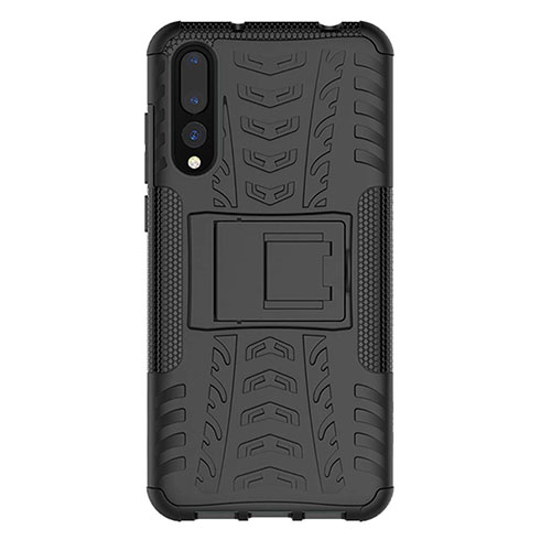 Silicone Matte Finish and Plastic Back Cover Case with Stand P02 for Huawei P20 Pro Black