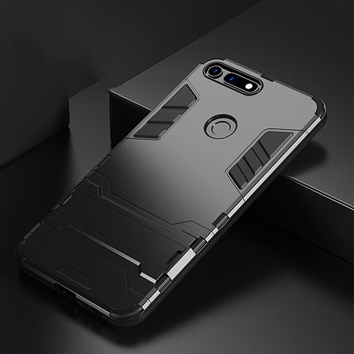 Silicone Matte Finish and Plastic Back Cover Case with Stand R01 for Huawei Honor View 20 Black