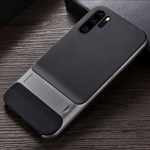 Silicone Matte Finish and Plastic Back Cover Case with Stand R01 for Huawei P30 Pro New Edition Silver