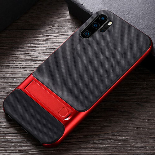 Silicone Matte Finish and Plastic Back Cover Case with Stand R01 for Huawei P30 Pro Red