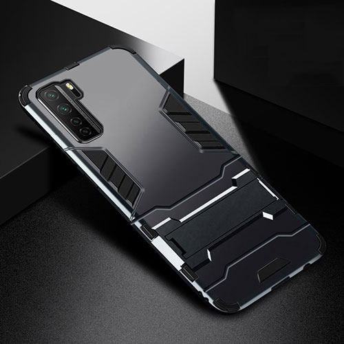 Silicone Matte Finish and Plastic Back Cover Case with Stand R01 for Huawei P40 Lite 5G Black