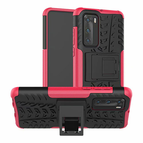 Silicone Matte Finish and Plastic Back Cover Case with Stand R01 for Huawei P40 Pink