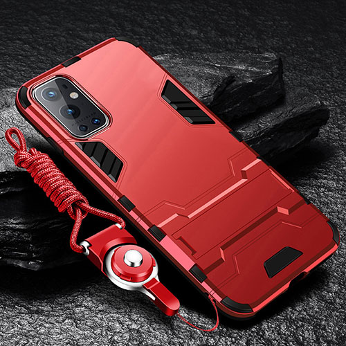 Silicone Matte Finish and Plastic Back Cover Case with Stand R01 for OnePlus 9 Pro 5G Red