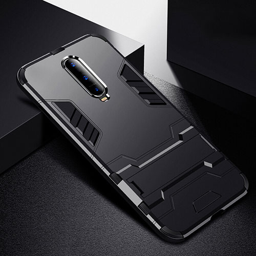Silicone Matte Finish and Plastic Back Cover Case with Stand R01 for Oppo RX17 Pro Black