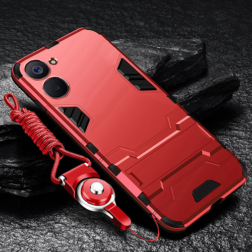 Silicone Matte Finish and Plastic Back Cover Case with Stand R01 for Realme V20 5G Red