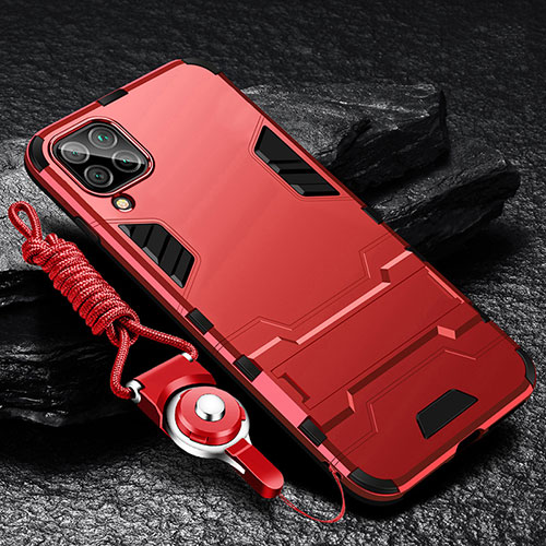 Silicone Matte Finish and Plastic Back Cover Case with Stand R01 for Samsung Galaxy A42 5G Red