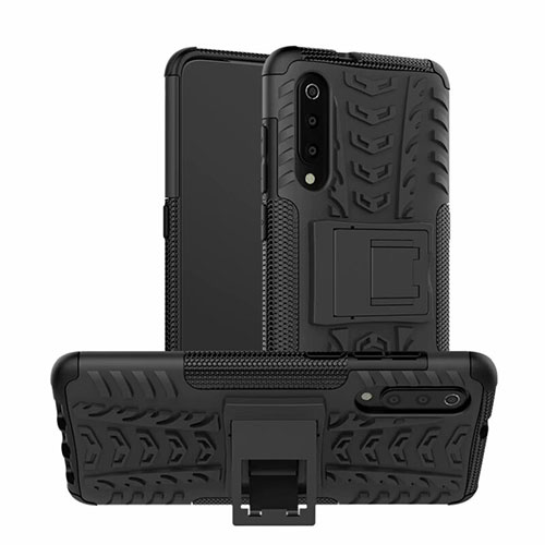 Silicone Matte Finish and Plastic Back Cover Case with Stand R01 for Samsung Galaxy A90 5G Black