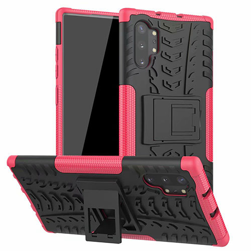 Silicone Matte Finish and Plastic Back Cover Case with Stand R01 for Samsung Galaxy Note 10 Plus Pink