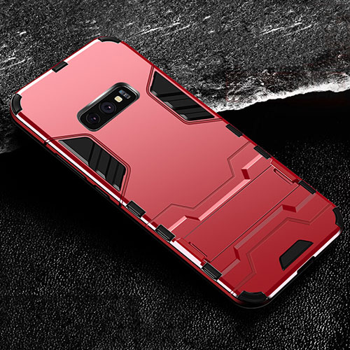 Silicone Matte Finish and Plastic Back Cover Case with Stand R01 for Samsung Galaxy S10e Red